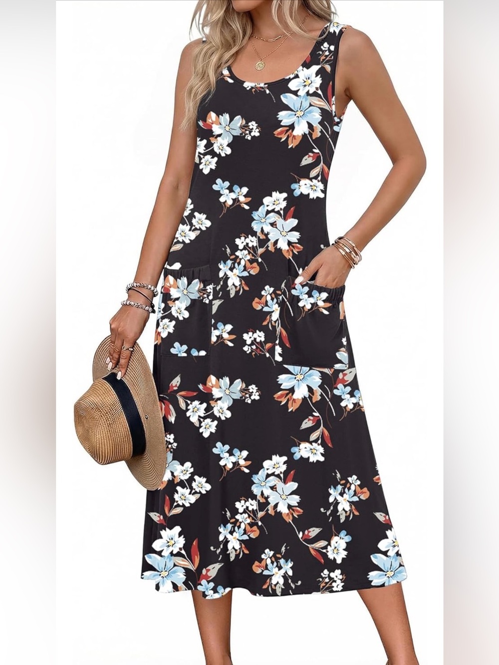NWOT Zeagoo Black Maxi Dress- Blue, White and Brown Floral Print w pockets, 2XL